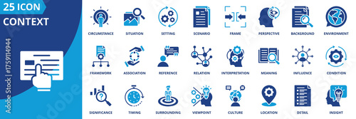 Context icon set collection in flat style. Icon pack contains context, background, situation, setting, scenario, frame, environment, perspective, circumstance, condition