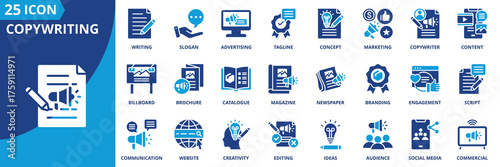 Copy writing icon set collection in flat style. Icon pack contains copywriting, content, script, tagline, slogan, branding, edit, communication, creativity, ideas