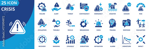 Crisis icon set collection in flat style. Icon pack contains crisis, emergency, disaster, danger, threat, risk, alert, failure, breakdown, trauma