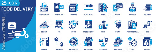 Food delivery icon set collection in flat style. Icon pack contains delivery, order, food, courier, package, restaurant, hotbox, tracking, fastfood, service