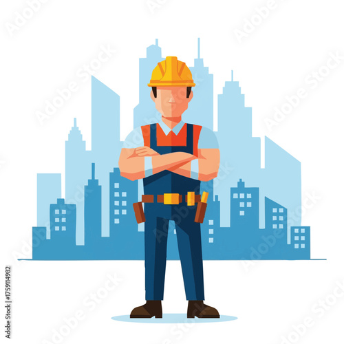 A confident construction worker stands proudly with arms crossed, wearing a hard hat, in front of a city skyline backdrop, representing urban development.