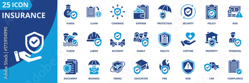 Insurance icon set collection in flat style. Icon pack contains insurance, policy, coverage, claim, protection, risk, security, lifetime, accident, health