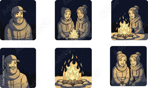 Couple enjoying cozy campfire in nighttime forest, sharing warmth, smiles, and companionship under stars in peaceful outdoor comic-style scene