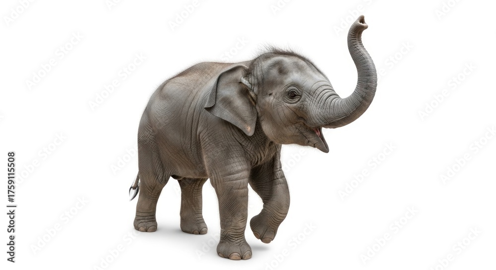 Obraz premium Baby elephant playfully raises its trunk, radiating charm against a clean white backdrop, symbolizing youthful innocence