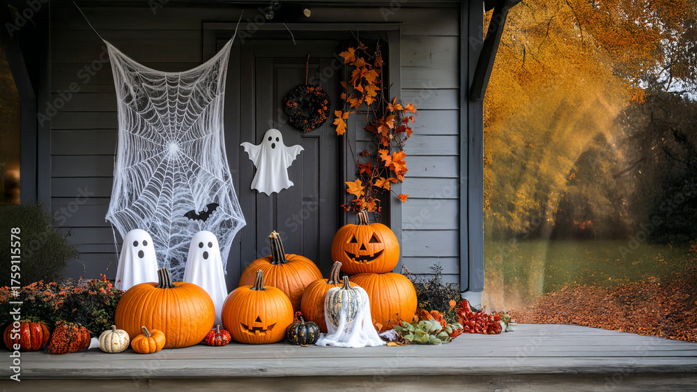 Obraz premium Haunted Elegance: Spooky Halloween Decor with Pumpkins, Ghosts, and Witchy Vibes Framing the Perfect Copy Space
