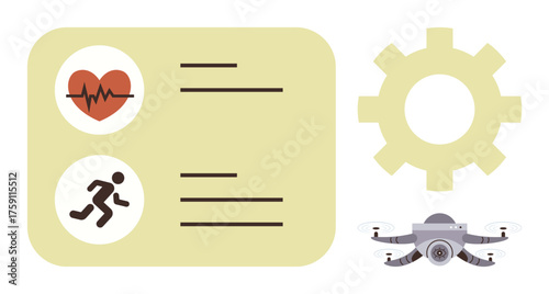 Heartbeat and running icons beside text, gear mechanism, and a quadcopter. Ideal for fitness, health tracking, wearable devices, automation, sports tech innovation and Quadcopters. Simple flat