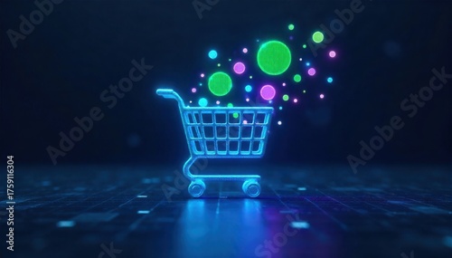 Abstract representation of online shopping cart dynamics, digital transactions, and e commerce growth. Abstract, glowing geometric shapes representing digital goods flowing into and out of a stylized,