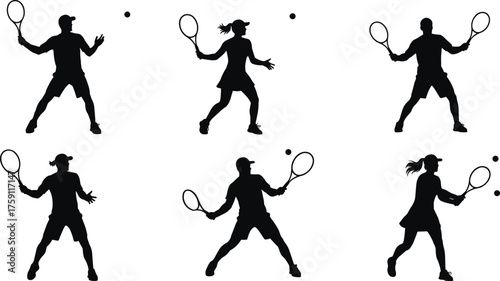 Silhouette Tennis Players in Action Poses with Rackets and Balls, Forehand, Backhand, Serve, Calm Mood, Six-Scene Sports Series