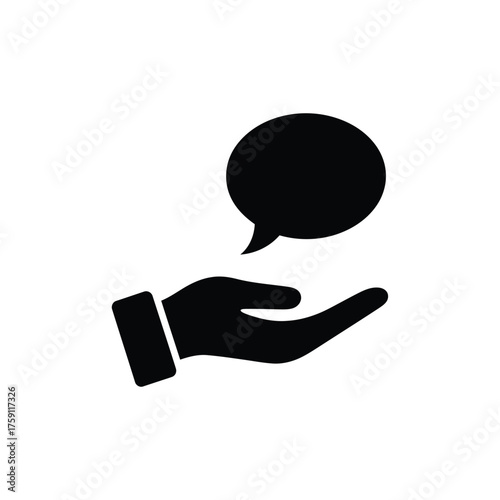 Communication icon showing a hand offering a speech bubble a symbol of conversation sharing a message giving advice or starting a dialogue