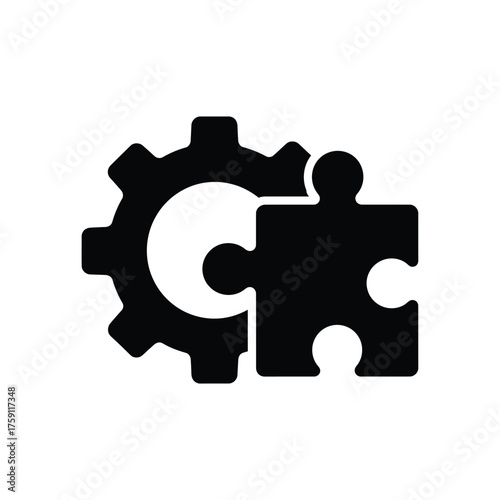 Technical solution icon with a gear and a puzzle piece symbolizing system integration and the compatibility of a mechanical part in a larger process