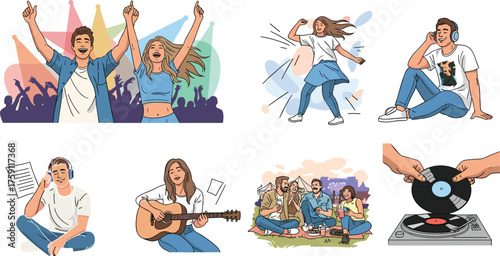 Six Stylized Scenes of People Engaging with Music—Concert, Dancing, Listening, Playing Guitar, and Vinyl Playback Vector Series