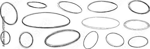 Abstract hand-drawn oval shapes, artistic sketch circles, minimalist geometric pattern, black ink ellipses, creative design background illustration