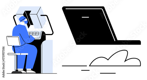 Person in a modern workspace using a computer station with a cloud-connected device nearby. Ideal for technology, cloud storage, IT solutions, remote work, innovation, data management, futuristic