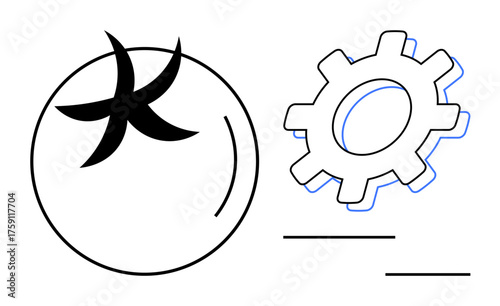 Tomato outline symbolizing growth paired with a gear for productivity and efficiency. Ideal for agriculture, innovation, time management, sustainability, workflow, process improvement, simple flat