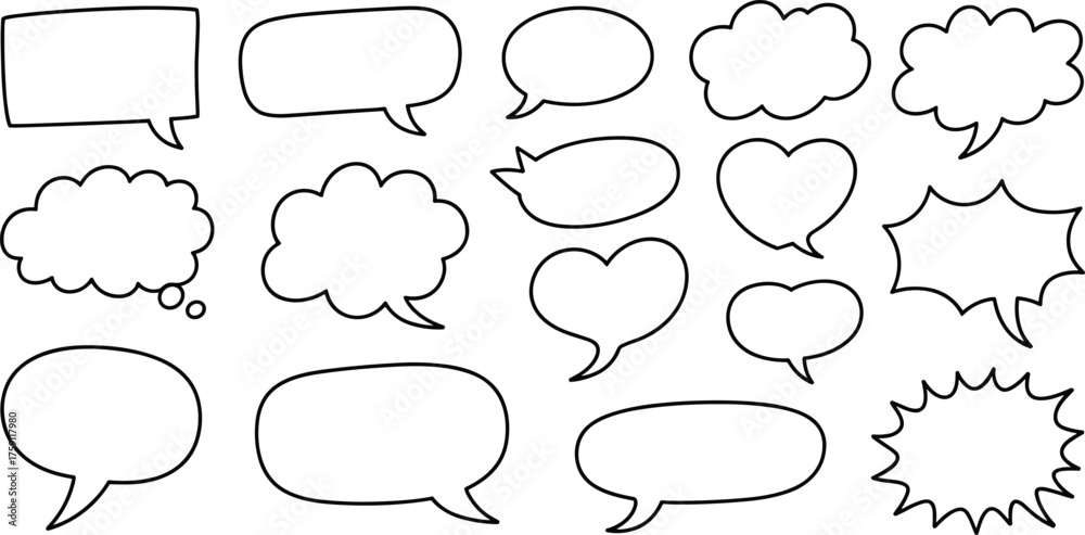 Obraz premium Blank comic speech and thought bubbles, hand drawn dialogue shapes, cartoon text clouds, outlined message frames for design