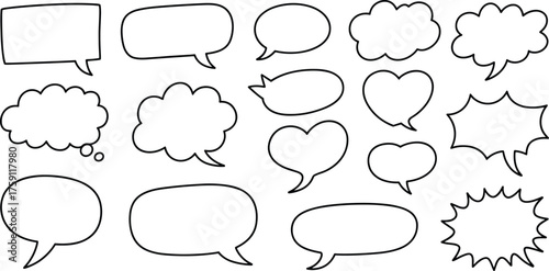 Blank comic speech and thought bubbles, hand drawn dialogue shapes, cartoon text clouds, outlined message frames for design