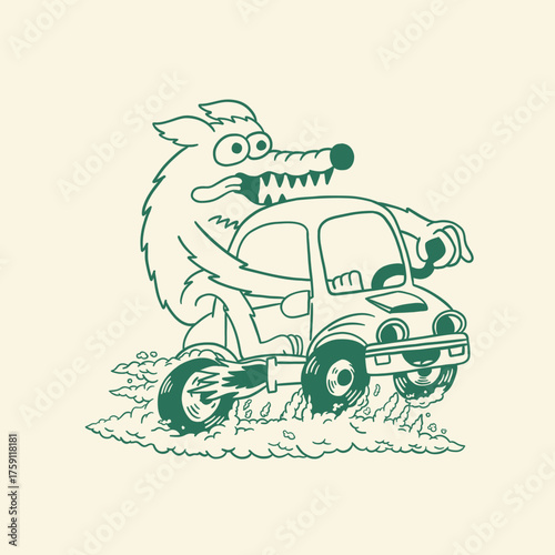 fox monster driving retro cartoon illustration