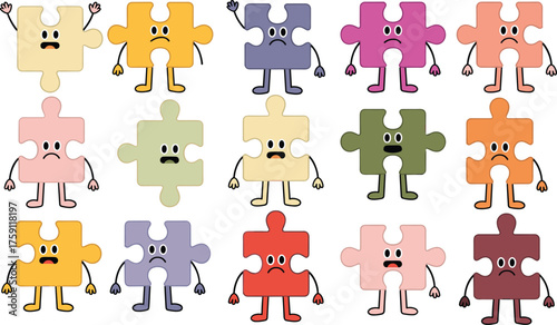 Colorful puzzle piece characters with emotional faces, cartoon expressions, playful teamwork concept, fun illustration for communication and education