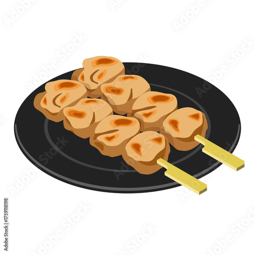 Yakitori chicken thigh skewer with salt on black plate - flat vector illustration, Japanese food icon