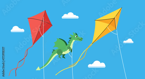 Whimsical dragon soars through the sky alongside colorful kites, evoking playful childhood memories and carefree summer adventures, perfect for children's books or educational materials