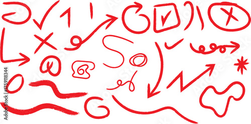 Collection of hand drawn red arrows checkmarks and symbols