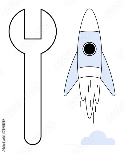 Rocket taking off beside a wrench, symbolizing progress and engineering. Ideal for technology, innovation, startup, creativity, repair, development and teamwork themes. Simple flat metaphor