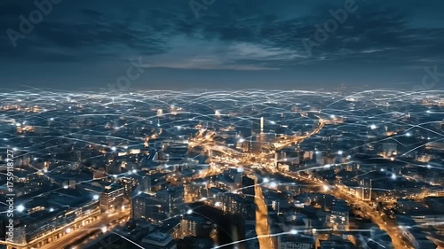 Wallpaper Mural A city at night from above, connected by a glowing blue network of connections, Torontodigital.ca