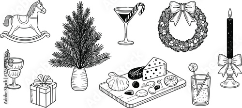 Hand drawn Christmas elements, festive holiday decorations, winter celebration icons, gift, candle, wreath, cocktails, cheese board illustration