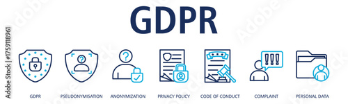 GDPR banner web icon vector illustration concept with icon of GDPR, pseudonymisation, anonymization, privacy policy, code of conduct, complaint, personal data
