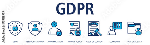 GDPR banner web icon vector illustration concept with icon of GDPR, pseudonymisation, anonymization, privacy policy, code of conduct, complaint, personal data

