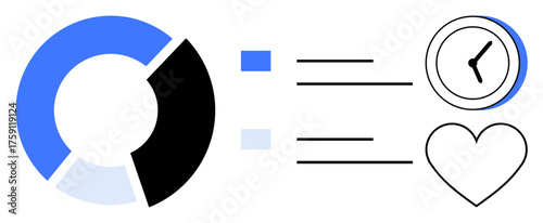 Pie chart with blue and black sections, task list, clock, and heart symbolizing productivity, time management, and personal values. Ideal for planning, analytics, efficiency organization teamwork