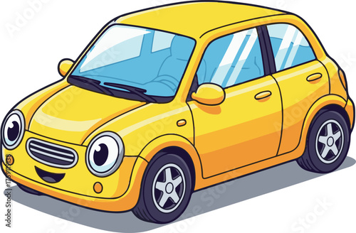 Bright Yellow Cartoon Car Vector Graphic with Friendly Face Design