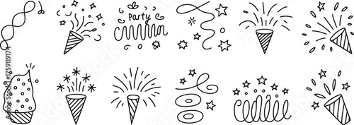 Hand drawn party doodles, festive confetti icons, celebration elements, fireworks, streamers, stars, party popper illustration set