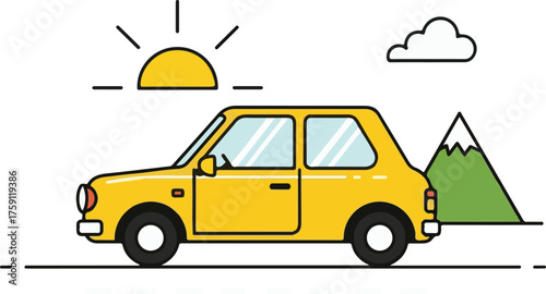 Minimalist Yellow Car Line Art with Sun, Cloud, Mountain Scene
