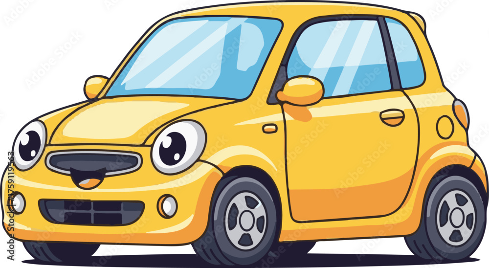 Obraz premium Cheerful Yellow Compact Cartoon Car Vector Illustration on White