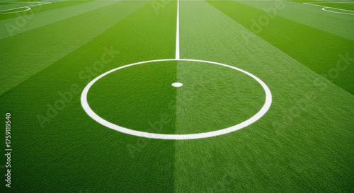 Close up of center circle and line on a green grass soccer field, perfect for sports and outdoor themes