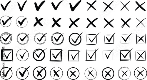 Hand-drawn check marks and cross icons, sketch tick symbols, doodle approval and rejection signs, vector marker set