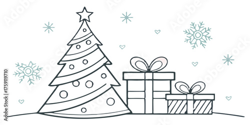 Whimsical Christmas tree with presents and snowflakes, perfect for festive holiday designs and joyful winter greetings.