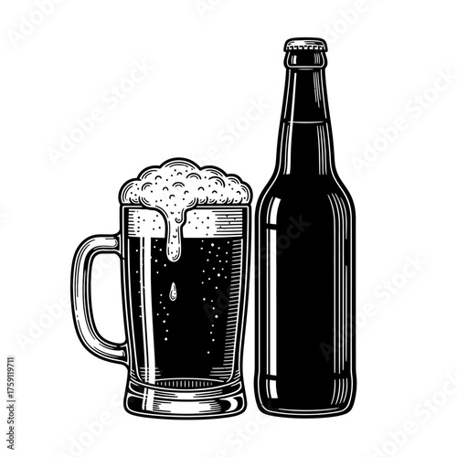 Beer Mug and Bottle Black & White Engraving Style illustration, perfect for pub or brewery branding