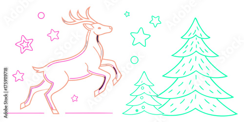 Joyful reindeer leaps near festive Christmas trees surrounded by sparkling stars and cheerful circles, perfect for holiday greetings and winter themes