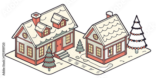 Cozy winter village scene with snow-covered houses and festive trees, perfect for holiday greetings and seasonal promotions