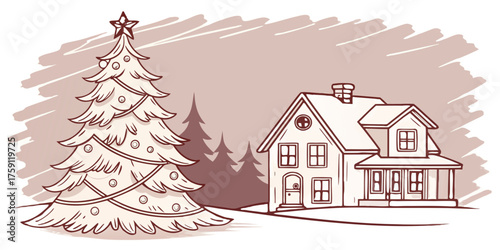 Festive decorated Christmas tree stands proudly beside a charming snow covered house and pine trees, evoking cozy holiday spirit
