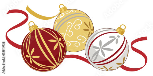 Elegant Christmas ornaments with festive red and gold ribbons create a joyful holiday scene perfect for celebrations and festive designs.