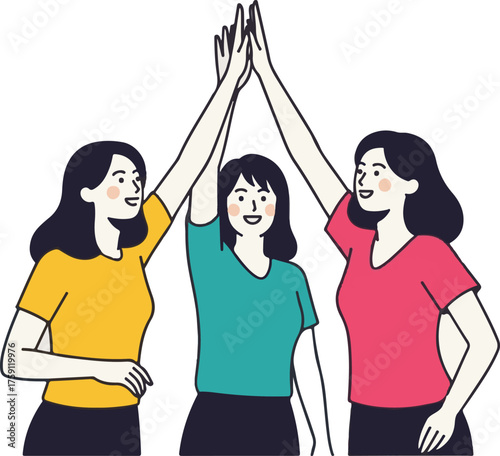 Minimalist Vector of Three Women Raising Hands in Unity on White