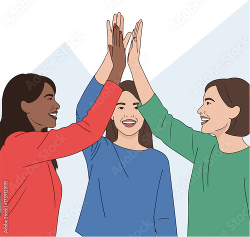 Flat Vector Artwork: Three Smiling Women, Raised Hands, Geometric Background