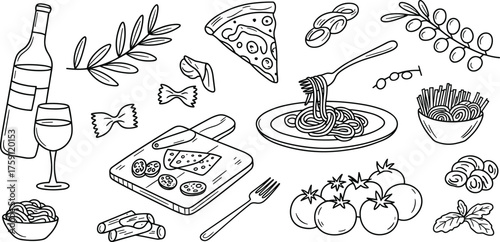 Italian cuisine doodle illustration with pasta, pizza, wine, tomatoes, basil, olives and culinary ingredients for restaurant desig