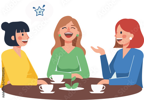 Flat Design Women Friends Laughing and Chatting Over Coffee