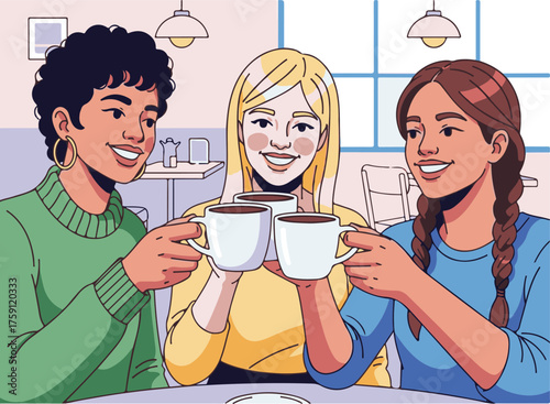 Vector Flat Design of Diverse Women Friends Toasting Mugs in a Cafe