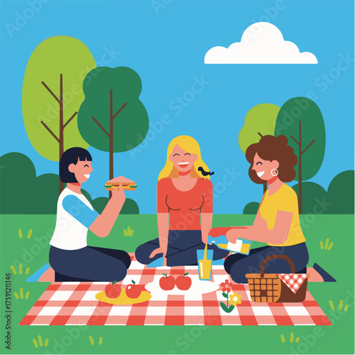 Cheerful Flat Design Vector of Women Picnicking in Park with Food