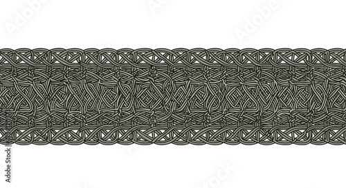 Intricate woven trim with repeating Celtic knotwork pattern in grey and black.